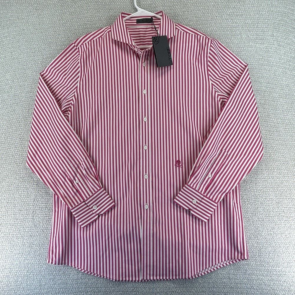 G/Fore G4 Button Up Shirt Men XL Pink Striped Long Sleeve Golf Performance Skull